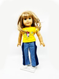 (A36) AMERICAN GIRL DOLL 'KIRSTEN?'-BLUE JEANS AND YELLOW TEE SHIRT - STAND NOT INCLUDED