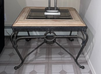 PAIR OF GLASS TOP SIDE TABLES WITH BLEACHED WOOD & IRON BASE - 28' BY 25' BY 28' HIGH