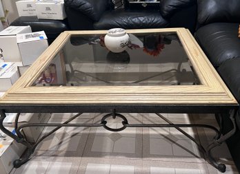 GLASS TOP COFFEE TABLE WITH BLEACHED WOOD & IRON BASE - 36' SQUARE  BY 16' HIGH