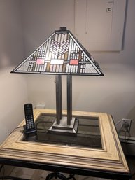 PAIR OF VINTAGE STAINED GLASS TABLE LAMPS WITH GEOMETRIC DESIGNS - 24' HIGH