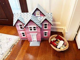 (A45) MELISSA & DOUG VICTORIAN DOLL HOUSE WITH BASKET FULL OF ASSORTED FURNITURE - HOUSE IS 28' TALL