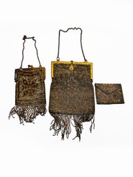 (a-54) COLLECTION OF THREE ANTIQUE STEEL BEADED PURSES - FRANCE, CHANGE PURSE, FLAPPER BAGS
