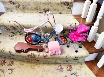 (A67) LOT OF 4 AMERICAN GIRL ACCESSORIES-BICYCLE, GUITAR, FOLDING CHAIR AND FOOT REST