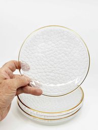 (A-6) LOT OF 4 VINTAGE GOLD RIMMED DETAILED FROSTED GLASS SALAD DISH PLATES-APPROX. 7' ROUND