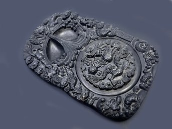 (A-86) ANTIQUE CHINESE  FIVE DRAGON DESIGN CHENGNI INKSTONE - SIGNED, CALLIGRAPHY - SEE TINY CHIP PIC. 5