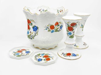 (A-16) COLLECTION OF AINSLEY CHINA 'FAMILLE ROSE ' PORCELAIN CANDLESTICKS, CACHE POT & COASTERS