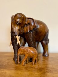 (ZZ-120) VINTAGE MOTHER & CHILD CARVED WOOD ELEPHANTS FROM AFRICA - 9' BY 10'
