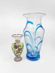 (A-20)  2 GLASS ITEMS- TRACY PORTER HAND PAINTED GLASS BUD VASE-1980'S LASER BLUE FUSED HAND BLOWN GLASS VASE