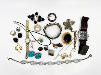 (A-21) LOT OF 24 PIECES OF COSTUME JEWELRY-STERLING-WATCHES, RINGS, EARRINGS & NECKLACES