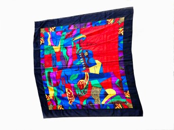 (A-59) VINTAGE PICASSO SILK SCARF C.1970'S -BRIGHT MULTI COLOR - CUBIST- WOMAN WITH HAT