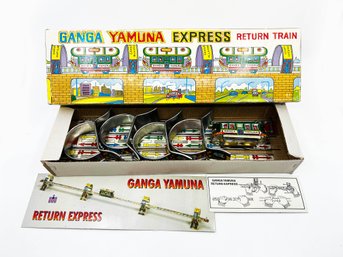 (A-62) RARE VINTAGE GANGA YAMUNA EXPRESS RETURN TRAIN TINPLATE CLOCKWORK TOY, INDIA-ORIG.BOX-WORKS
