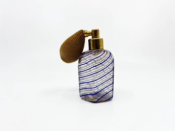 (A-79) VINTAGE COBALT/GOLD STRIPED MURANO GLASS PERFUME BOTTLE ATOMIZER WITH PUMP