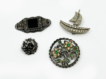 (A-89) VINTAGE LOT OF 4 COSTUME JEWELRY PINS-ROSE, FLORAL,BOAT AND ART DECO PIN