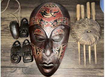 (A-47) COLLECTION OF VINTAGE WOOD MASKS - HAND CRAFTED PIECES - 3' - 15'