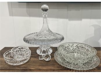 (A-40) COLLECTION OF VINTAGE CRYSTAL & CUT GLASS PIECES - HEAVY CUT PEDESTAL, DECANTER, BOWLS & EXTRA STOPPER