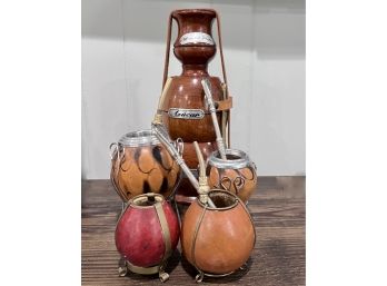 (A-46) SET OF FOUR VINTAGE ARGENTINIAN MATE GOURD CUPS WITH SPOONS & WOOD YERBA, AZUCAR -DECANTER-  3' - 12'