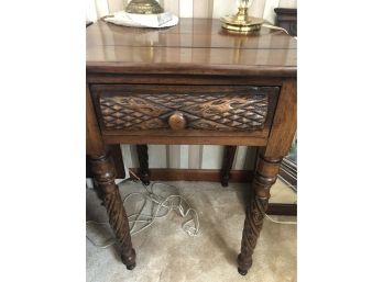 (D-14) ANTIQUE SMALL OCCASIONAL TABLE WITH CARVED WOOD DRAWER & LEGS - NATURALISTIC - 19' WIDE 18' DEEP BY 28'