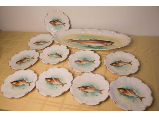 D1- ANTIQUE LIMOGES FISH SET-PLATTER AND 10 PLATES- SIGNED DUVA P- SOME EDGE CHIPS- PLATTER MEASURES 24' LONG