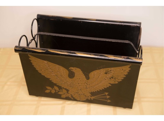 C-9 VINTAGE TIN MAGAZINE RACK WITH AMERICAN EAGLE AND ROSE- 15' BY 9'