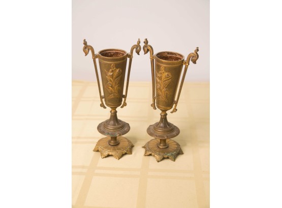 A-39- PAIR OF ANTIQUE BRASS VASES- 8 INCHES TALL