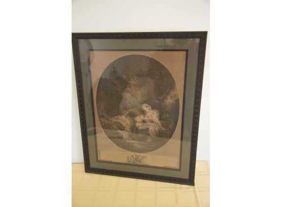 B-28 -ANTIQUE FRAGONARD PRINT - ETCHING - MOTHER WITH CHILDREN IN GARDEN - 22' BY 28' FRAMED