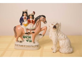 A-34 PAIR OF ENGLISH CERAMICS - COUPLE WITH HORSE 'RETURNING HOME'- AND SMALL STAFFORDSHIRE DOG