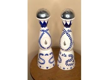 E-16 - PAIR OF CASA AZUL REPOSADO TEQUILA BOTTLES  - EMPTY - BLUE & WHITE