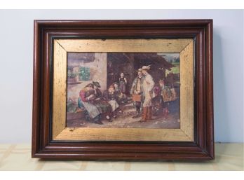 B-18 - ANTIQUE OIL ON BOARD PAINTING - FAMILY STREET SCENE - UNSIGNED -16' BY 12'