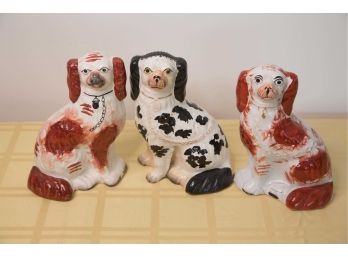 A-31 LOT OF 3 VINTAGE STAFFORDSHIRE CERAMIC DOGS - SOME CRACKS TO ALL 3, COMMENSURATE WITH AGE