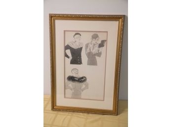 B-17 - VINTAGE HAND ILLUSTRATED FASHION DRAWING - 3 LADIES IN HATS - 23' BY 16'