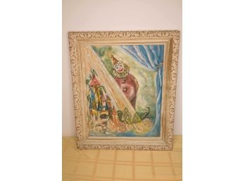 B-30 - VINTAGE OIL PAINTING - CLOWN PEEKING FROM BEHIND CURTAIN - 20' BY 24'