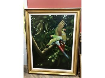 E-1 -LARGE  ORIGINAL OIL PAINTING - TROPICAL PARROTS - FRAMED 49' BY 38'