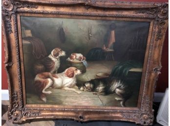 E-6 - ORIGINAL OIL PAINTING - ROOM FULL OF RESTING DOGS - 48' BY 43' FRAMED