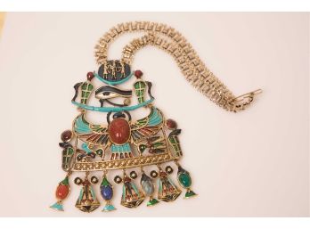 A-19 EGYPTIAN REVIVAL COSTUME JEWELRY NECKLACE WITH PHOENIX AND SCARAB STONES