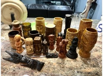 E-15 - LOT OF TIKI MUGS & FIGURES - HAWAIIANA - HULA GIRL -ORCHIDS - JEKYLL & HYDE - S& P