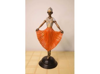 A-37 VINTAGE BRONZE DANCER - UNMARKED- 21 INCHES TALL- WITH ORANGE SKIRT