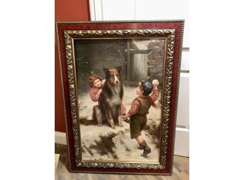 E-9 -ORIGINAL OIL PAINTING CHILDREN HAVING A SNOWBALL FIGHT & DOG -FRAMED -41' BY 31' TEAR IN CANVAS SEE PICS