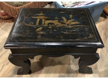 ANTIQUE LOW WOOD CHINESE FOOT STOOL / TABLE PAINTED WITH ASIAN SCENE