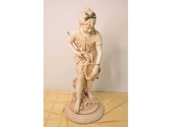 B-5- LARGE VINTAGE CHALKWARE STATUE- 30 INCHES TALL-WOMAN WITH BASKET AND NET- SIGNED