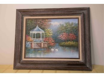 B-26- C. JAFFEY  OIL PAINTING - GAZEBO SWAN SONG - 22' BY 18' FRAMED