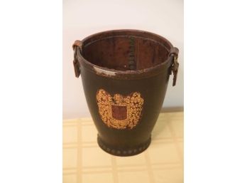 A-28 ANTIQUE ENGLISH FIREFIGHTER LEATHER WATER BUCKET WITH GOLD MEDALLION