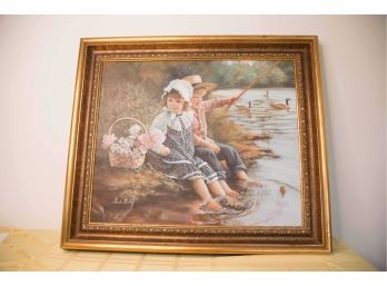 B-24 - ORIGINAL OIL PAINTING BY SANDRA KUCK - TWO CHILDREN FISHING - 29' BY 25'