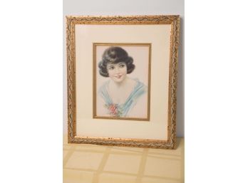 B-25 -ANTIQUE FRENCH PRINT WOMAN WITH FLOWERS - C.B. ROSS - MONDE ENGRAVING - 11' BY 13' FRAMED