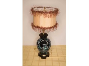 C-1- VINTAGE CERAMIC LAMP- BLUE WITH FEATHERS AND FLOWERS- 31' WITH THE SHADE