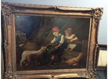 E-10 - ORIGINAL LARGE OIL PAINTING - CHILDREN WITH LAMBS & CHICKEN - FRAMED 49' BY 43'