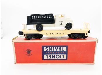 (83) VINTAGE LIONEL O GAUGE-#6151 ORANGE FLAT CAR W/RANGE PATROL PYRO TRUCK-ORIG.BOX