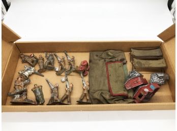 (159) VINTAGE LEAD HAND PAINTED SOLDIERS SET-INCLUDES 13 SOLDIERS, POP UP TENT-COTS-HOUSES-BOXED