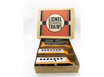 (149) VINTAGE LIONEL MECHANICAL TRAIN SET-#1551 ORANGE/CHROME-3 CARS PLUS TRACKS-IN ORIG. BOX