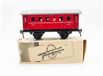 (50) VINTAGE FLEISCHMAN TIN TOY TRAIN-RED PASSENGER CAR-#402-WITH BOX