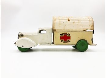 (68) VINTAGE METAL AND LINEN-MEDICAL CORPS TRUCK-WYANDOTTE TOYS-MADE USA